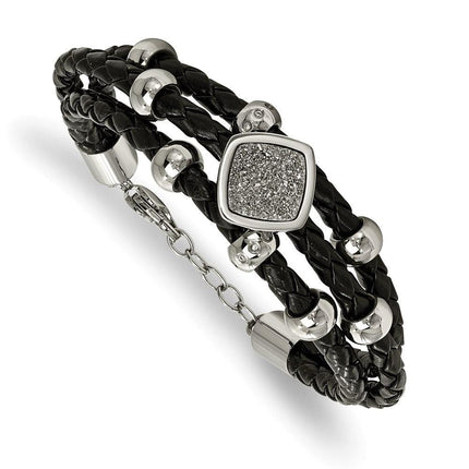 Stainless Steel Polished w/Druzy and Crystal Leather w/.75in ext. Bracelet ,