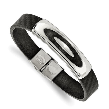 Stainless Steel Polished Weaved Black Genuine Leather 8 inch Bracelet ,