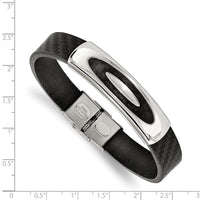 Stainless Steel Polished Weaved Black Genuine Leather 8 inch Bracelet ,