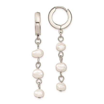Stainless Steel Polished w/Freshwater Cultured Pearl Hinged Hoop Earrings ,