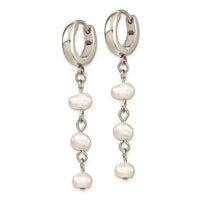 Stainless Steel Polished w/Freshwater Cultured Pearl Hinged Hoop Earrings ,