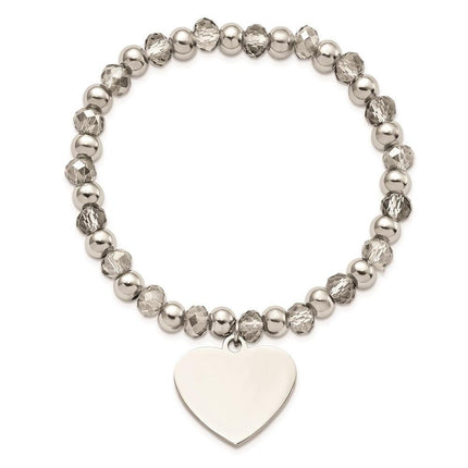 Stainless Steel Polished w/Grey Glass Beads Heart Dangle Stretch Bracelet ,
