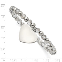 Stainless Steel Polished w/Grey Glass Beads Heart Dangle Stretch Bracelet ,