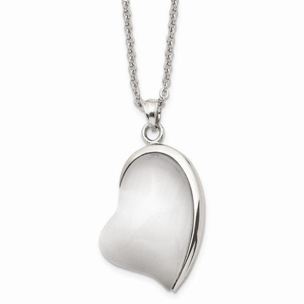 Stainless Steel Polished White Cat's Eye Heart Necklace ,