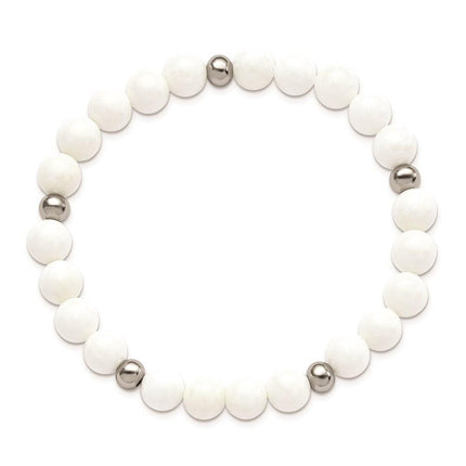 Stainless Steel Polished White Ceramic Beaded Stretch Bracelet ,