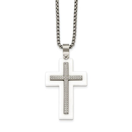 Stainless Steel Polished White Ceramic Cross CZ 23.75in Necklace ,