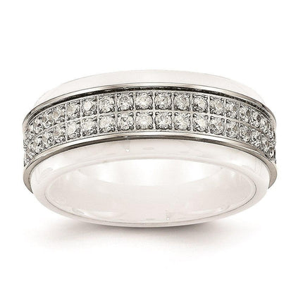Stainless Steel Polished White Ceramic CZ Ridged edge Ring ,