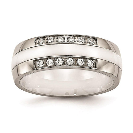 Stainless Steel Polished White Ceramic CZ Ring ,