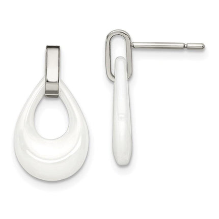 Stainless Steel Polished White Ceramic Post Dangle Earrings ,