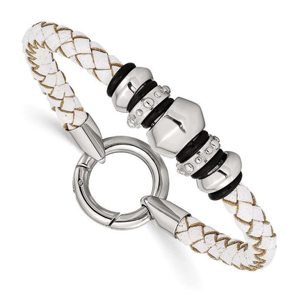 Stainless Steel Polished White Leather Black Rubber Bracelet ,