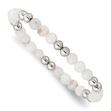 Stainless Steel Polished White Moonstone Beaded Stretch Bracelet ,