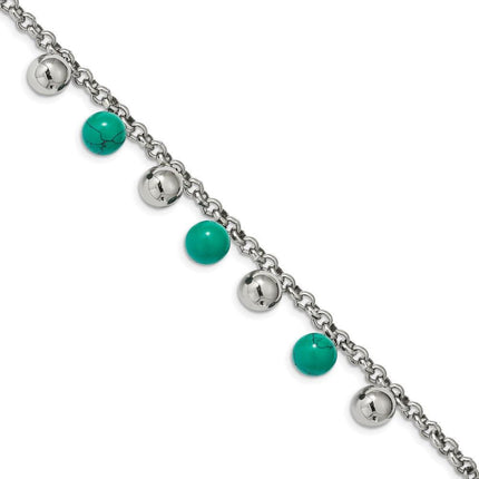 Stainless Steel Polished w/Imit.Turquoise Beads w/2in ext. 7in Bracelet ,