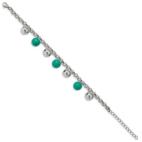 Stainless Steel Polished w/Imit.Turquoise Beads w/2in ext. 7in Bracelet ,