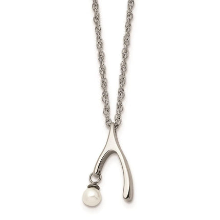 Stainless Steel Polished Wishbone Imitation Pearl 16in Necklace ,