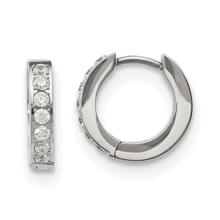 Stainless Steel Polished with 1 Row of CZ Hinged Hoop Earrings ,