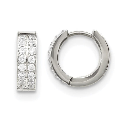 Stainless Steel Polished with 2 Rows of CZ Hinged Hoop Earrings ,
