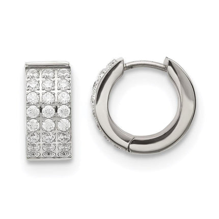Stainless Steel Polished with 3 Rows of CZ Hinged Hoop Earrings ,
