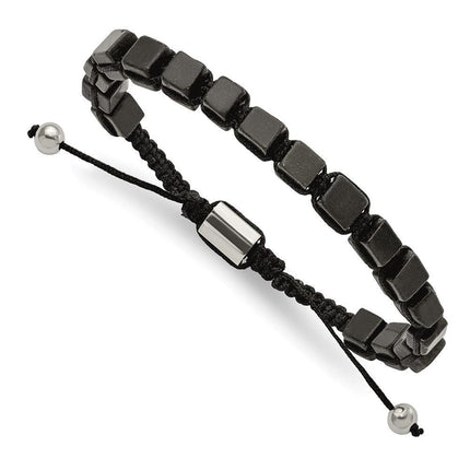 Stainless Steel Polished with Black Agate Macrame Adjustable Bracelet ,
