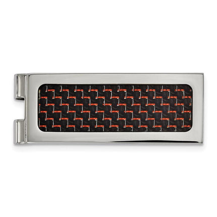 Stainless Steel Polished with Black and Red Carbon Fiber Inlay Money Clip ,