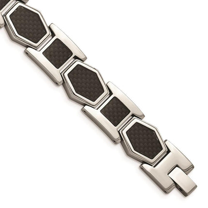 Stainless Steel Polished with Black Carbon Fiber Inlay 8.75 in Link Bracele ,