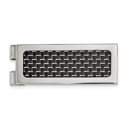 Stainless Steel Polished with Black Carbon Fiber Inlay Money Clip ,