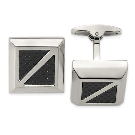 Stainless Steel Polished with Black Carbon Fiber Inlay Square Cufflinks ,