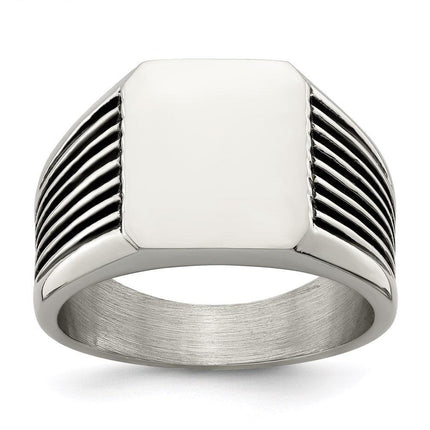 Stainless Steel Polished with Black Enamel Signet Ring ,