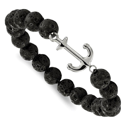 Stainless Steel Polished with Black Lava Stone Anchor Stretch Bracelet ,