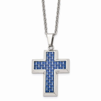 Stainless Steel Polished with Blue Carbon Fiber Inlay Cross 22in Necklace ,