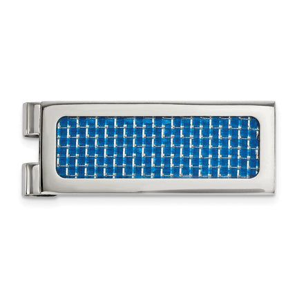 Stainless Steel Polished with Blue Carbon Fiber Inlay Money Clip ,