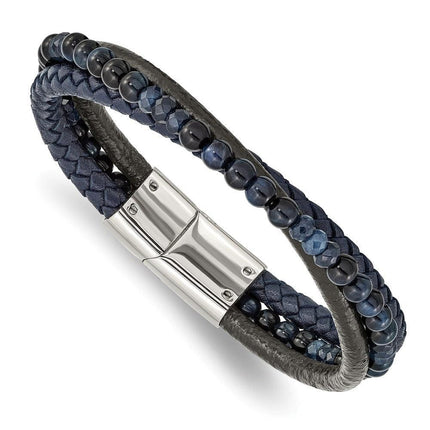 Stainless Steel Polished with Blue Chalcedony/Tiger's Eye Leather Bracelet ,
