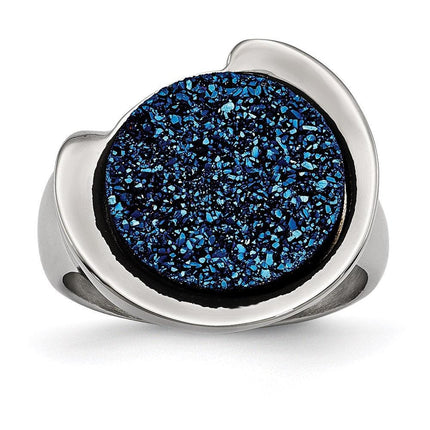 Stainless Steel Polished with Blue Druzy Stone Ring ,