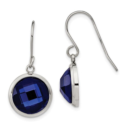 Stainless Steel Polished with Blue Glass Dangle Shepherd Hook Earrings ,