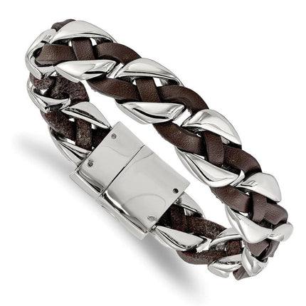 Stainless Steel Polished with Brown Leather Braided 8.5in Bracelet ,