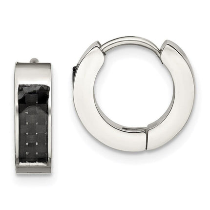 Stainless Steel Polished with Carbon Fiber Inlay 4mm Hinged Hoop Earrings ,