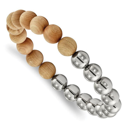 Stainless Steel Polished with Cypress Wood Beads Stretch Bracelet ,