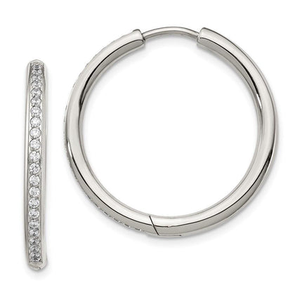 Stainless Steel Polished with CZ 2.50mm Hinged Hoop Earrings ,