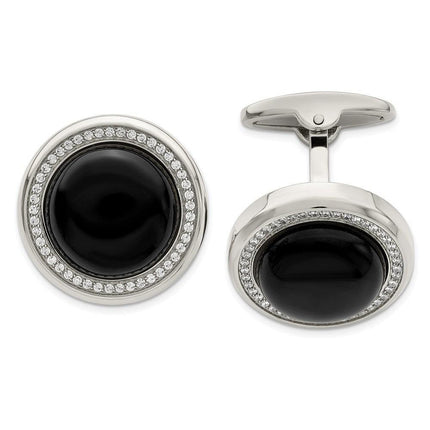 Stainless Steel Polished with CZ and Onyx Circle Cufflinks ,