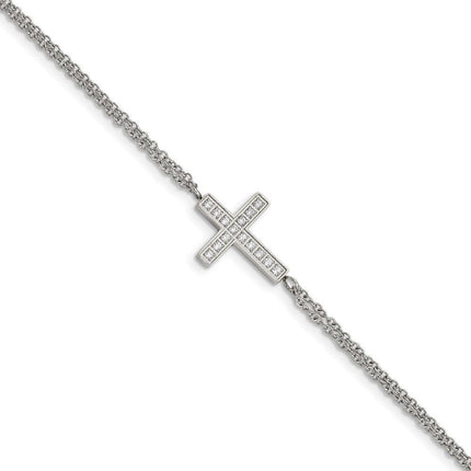 Stainless Steel Polished with CZ Cross 6.25in with 2in ext. Bracelet ,