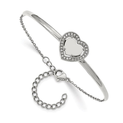 Stainless Steel Polished with CZ Heart 6.5in with 2in ext. Bar Bracelet ,