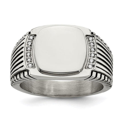 Stainless Steel Polished with CZ Signet Ring ,