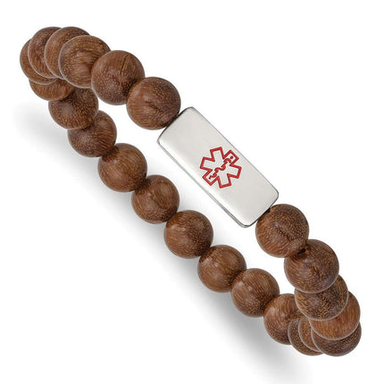 Stainless Steel Polished with Enamel Medical ID Zingana Wood Bracelet ,