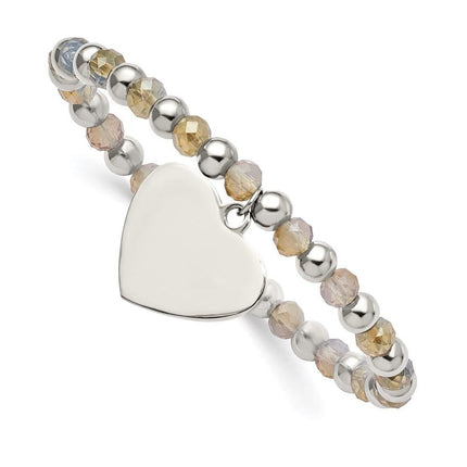 Stainless Steel Polished with Glass Beads Heart Dangle Stretch Bracelet ,