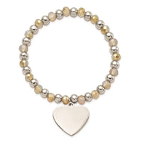 Stainless Steel Polished with Glass Beads Heart Dangle Stretch Bracelet ,
