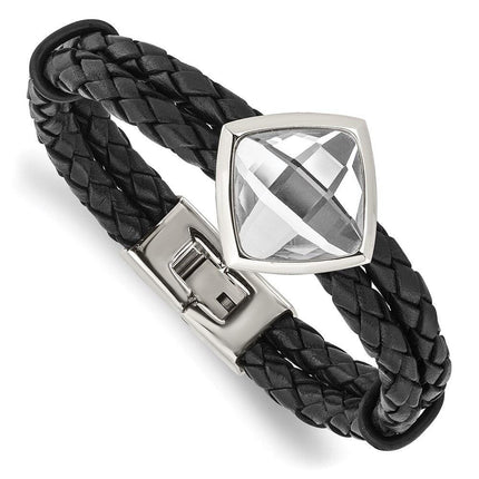 Stainless Steel Polished with Glass Stone Braided Leather 8in Bracelet ,