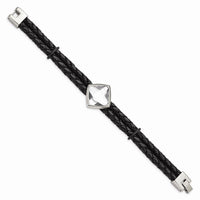 Stainless Steel Polished with Glass Stone Braided Leather 8in Bracelet ,