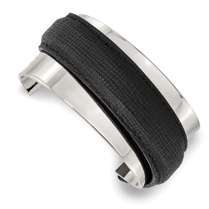 Stainless Steel Polished with Leather Cuff Bangle ,