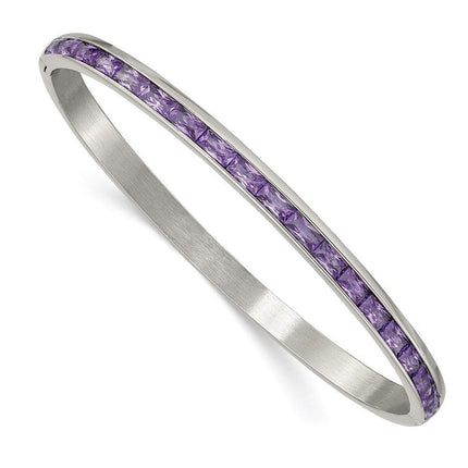Stainless Steel Polished with Purple CZ 5.00mm Hinged Bangle ,