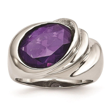 Stainless Steel Polished with Purple CZ Ring ,