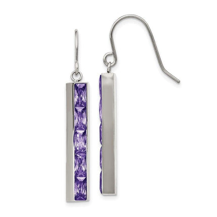 Stainless Steel Polished with Purple CZ Shepherd Hook Earrings ,